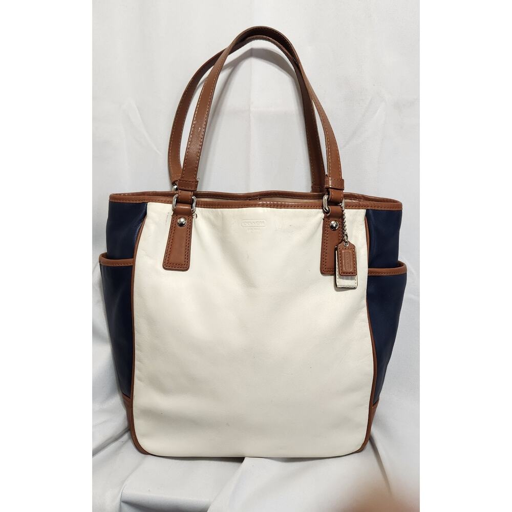 Coach F23683 Handbag White Blue Leather Double Handle Int,‎ Ext Marks See Pics